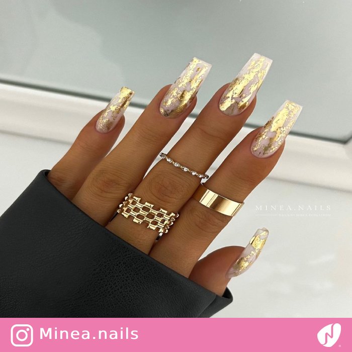 White Nails with Golden Foils